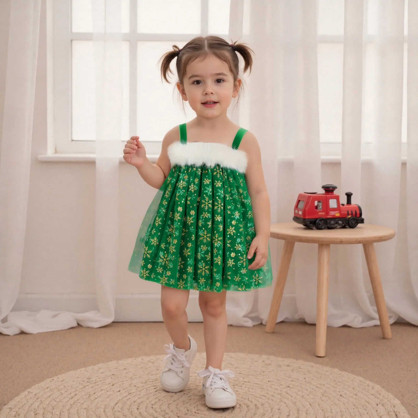 Tregren vestido de Navidad sin mangas de tul patchwork estampado árbol