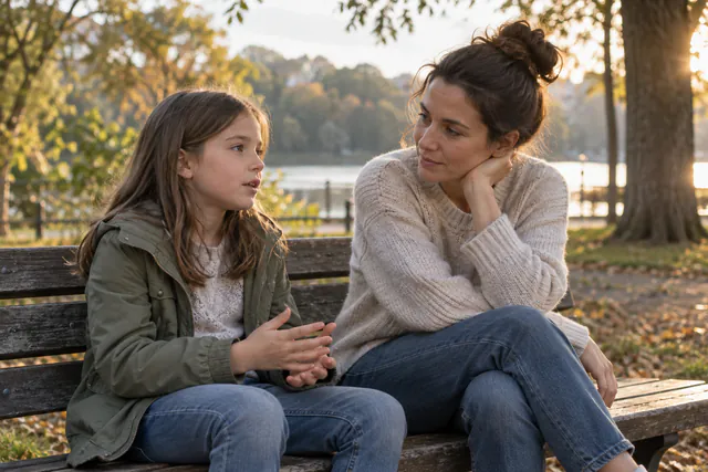 Una madre escucha a su hija durante una conversación tranquila en el parque