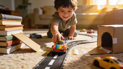 Niño jugando con coches de juguete en una pista improvisada.