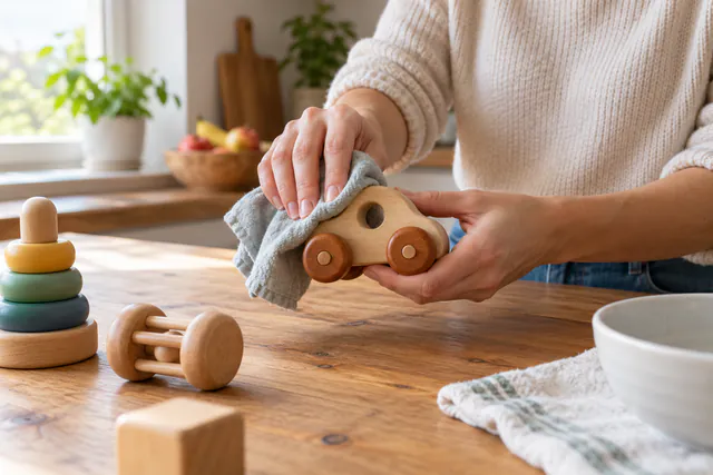 Limpieza de un juguete de madera con un paño apenas humedecido