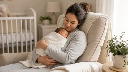 Bebé recién nacido descansando cerca de su madre en un momento de vínculo y calma.