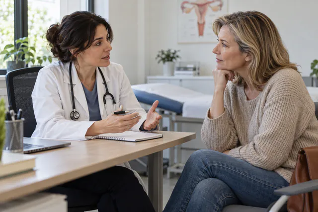 Una médica escucha a una mujer que consulta por síntomas de la menopausia