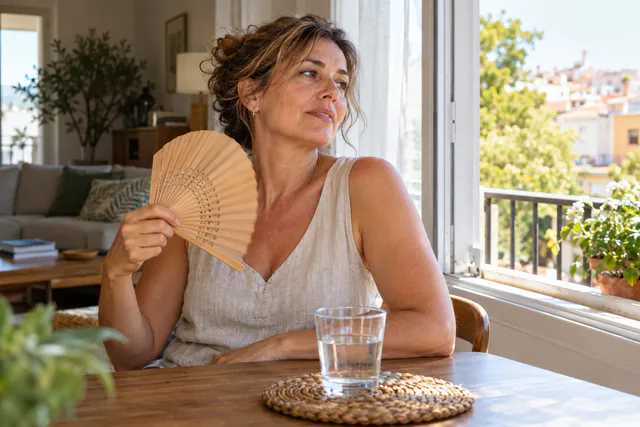 Mujer adulta utiliza un abanico junto a una ventana para sentirse más cómoda durante un sofoco