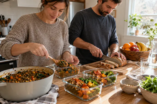 Dos familiares preparan raciones de lentejas y verduras para ayudar con las comidas del posparto