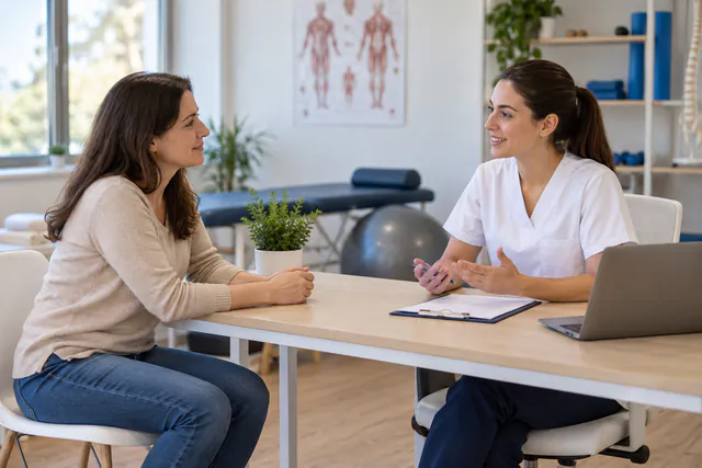 Mujer conversa con una fisioterapeuta sobre síntomas del suelo pélvico