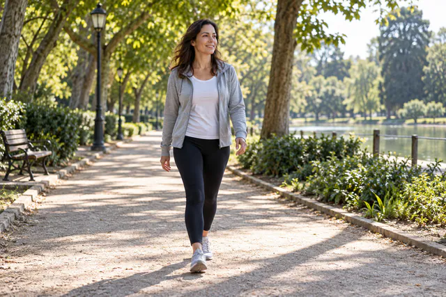 Mujer realiza un paseo tranquilo por un camino llano del parque
