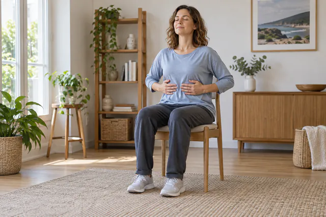 Mujer practica una respiración tranquila sentada con los pies apoyados