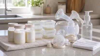 Mesa limpia con envases etiquetados para extracción y conservación de leche materna.