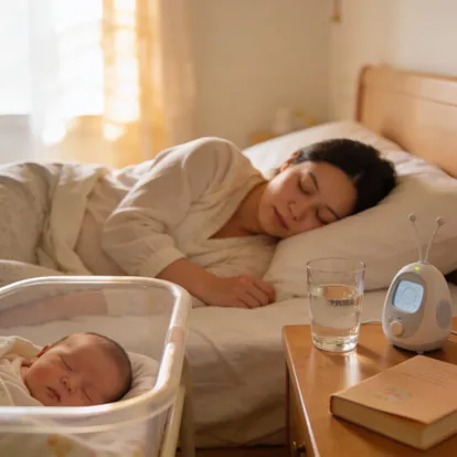 Madre descansando durante la recuperación del postparto.