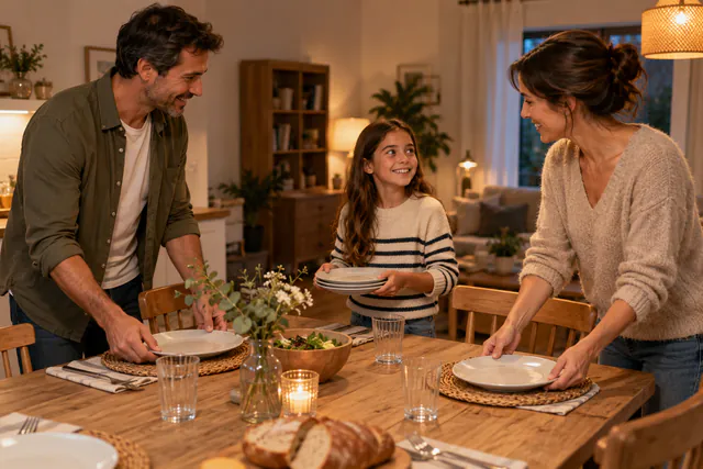 Familia conversa durante la preparación conjunta de la mesa