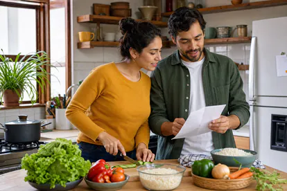 Pareja reparte tareas mientras prepara una comida equilibrada en casa