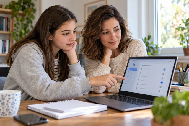 Adolescente revisa opciones digitales junto a su madre en un portátil