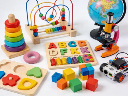Variedad de juguetes educativos para diferentes edades infantiles.