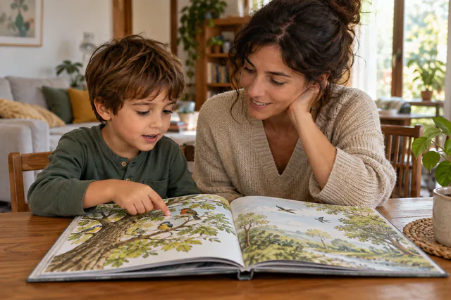 Madre e hijo buscando respuestas en un libro ilustrado de naturaleza