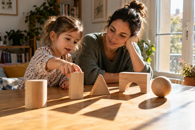 Niña y adulta observando las sombras de piezas grandes de madera