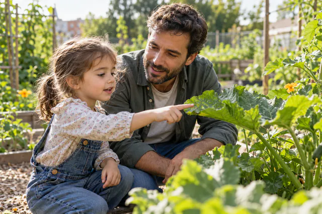 Padre escuchando la pregunta de su hija mientras observan una hoja en el jardín