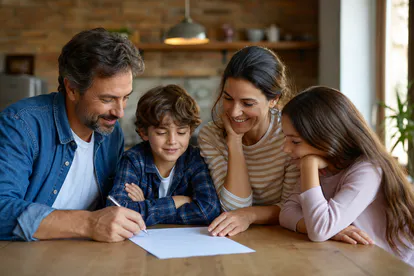 Familia redactando un acuerdo de horarios y privacidad para el primer móvil.