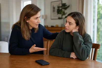 Madre y adolescente conversando sobre el uso responsable del teléfono móvil.