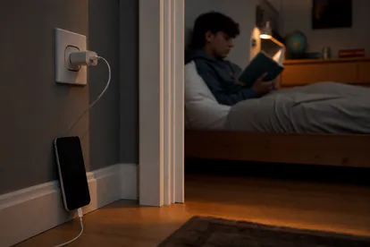 Teléfono cargando fuera del dormitorio mientras un adolescente lee antes de dormir.