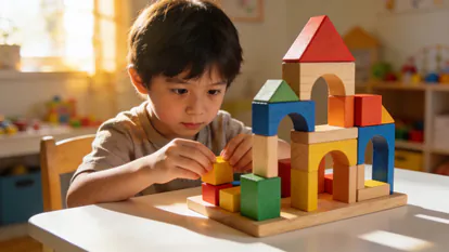 Niño jugando con bloques de construcción coloridos para desarrollo cognitivo.