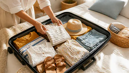 Preparacion de una maleta con ropa de verano para niños antes de vacaciones.