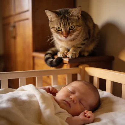 Gato observando con curiosidad a un bebé dormido de forma segura.