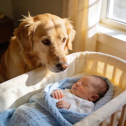 Perro familiar mirando con curiosidad y cariño a un bebé recién nacido.