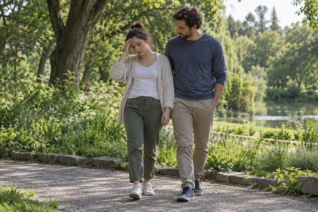 Mujer en el primer trimestre dando un paseo tranquilo acompañada por su pareja