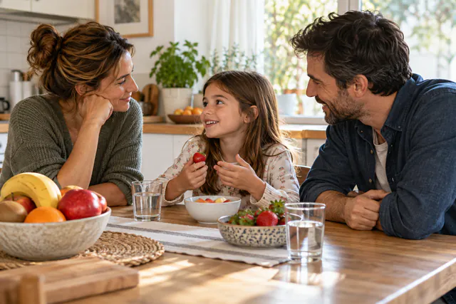 Familia conversando durante la merienda sin dispositivos sobre la mesa