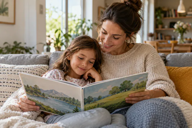 Madre e hija leyendo juntas un libro ilustrado en el sofá