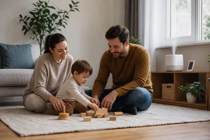 Familia jugando en un salón templado con un medidor ambiental.