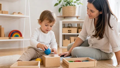 Niño explorando un juguete sensorial con un adulto cerca y ambiente seguro.