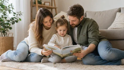 Familia compartiendo un momento de lectura tranquila en el suelo.