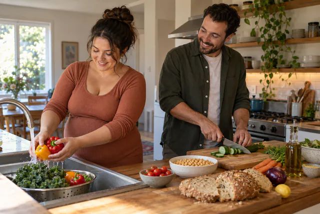 Una pareja prepara verduras y legumbres para compartir las tareas de alimentación