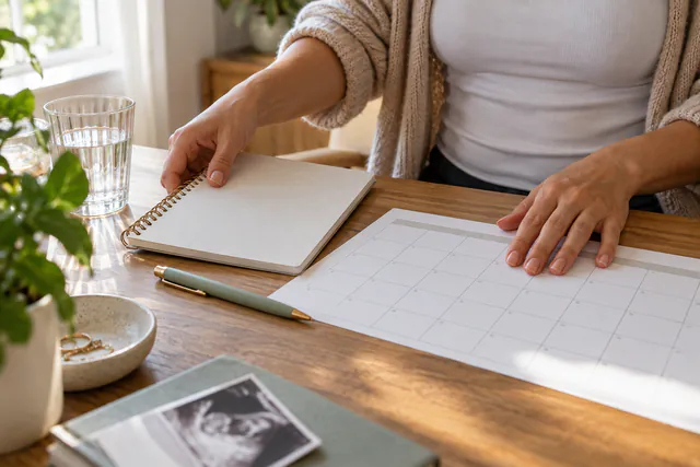 Una mujer organiza un cuaderno y un calendario para preparar sus próximas consultas
