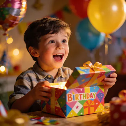 Niño feliz abriendo un regalo de cumpleaños con ilusión.
