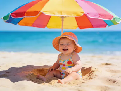 Bebé protegido bajo una sombrilla en la playa durante el verano.
