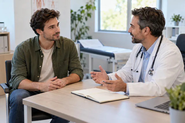 Hombre adulto revisando sus antecedentes de vacunación en una consulta