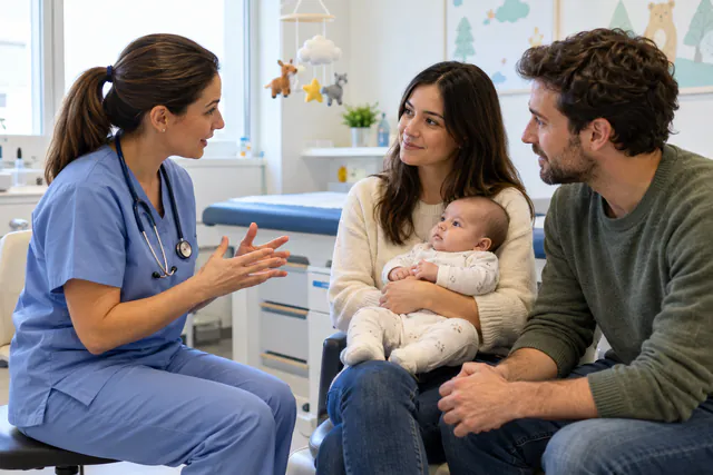 Una enfermera conversa con una familia sobre prevención de infecciones respiratorias en su bebé