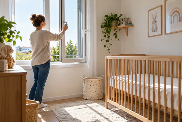 Una persona ventila una habitación infantil con la cuna vacía y despejada