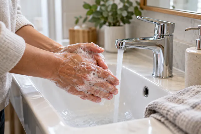 Lavado de manos con agua y jabón antes de atender a un bebé